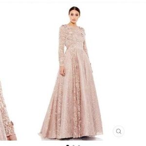 $998 Mac Duggal Lace Embellished Illusion Long Sleeve A Line Gown - mocha 11121